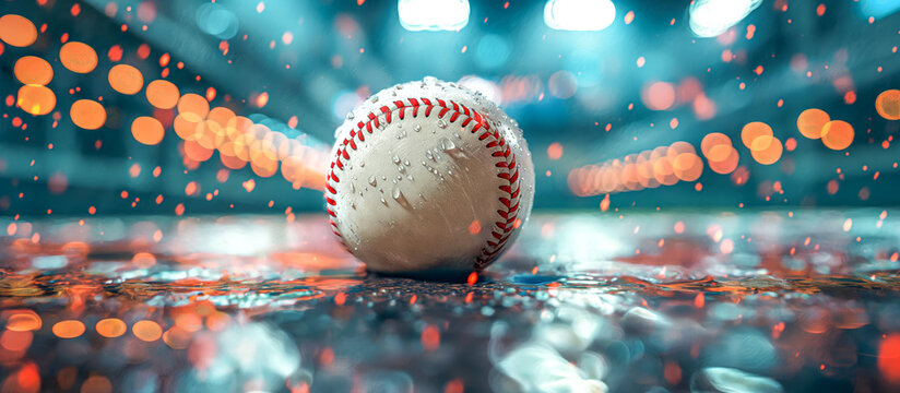 A close-up of a water-soaked baseball resting on a reflective surface with vibrant bokeh lights in the background creating a dramatic and atmospheric sports scene