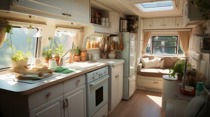 b'A cozy camper van kitchen with a sink, counter, and cabinets'