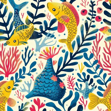 b'Colorful tropical fish and coral reef seamless pattern'