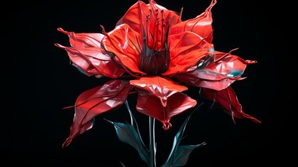 b'3D rendering of a red flower with black background' - obrazy, fototapety, plakaty