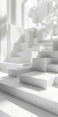 b'Abstract white geometric 3D structure with staircases and platforms'