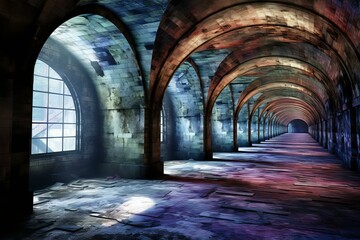 Naklejka premium b'Mystical castle corridor with glowing blue windows'