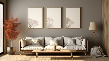 b'Airy Contemporary Living Room With Tree Art Prints'