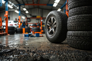 Tire service. An auto mechanic at a tire service. Repair and sale of tires for cars.
