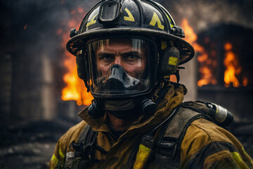 A firefighter in a fire fighter's uniform and a helmet for firefighters on the background of a burning building