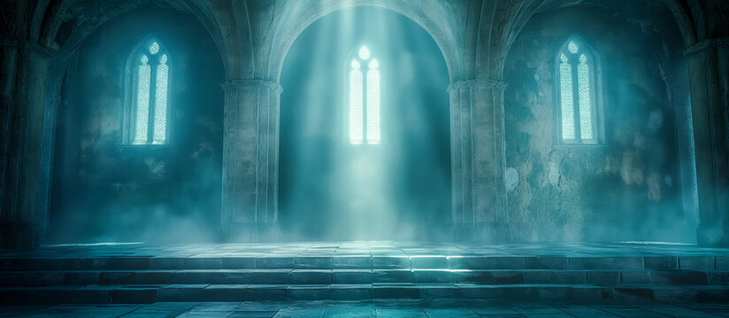 Enchanting background scene of an empty medieval interior room with sunlight streaming through Gothic arched windows onto stone floors and creating a mystical atmosphere