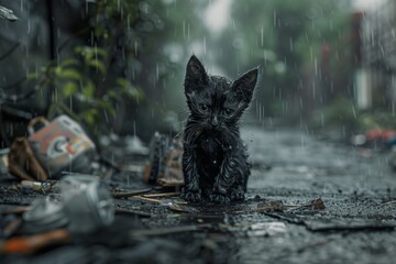 A Lone Cat in a Rainy Alley