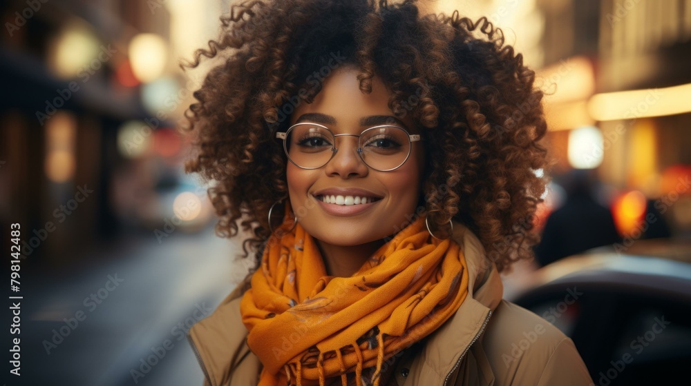 Poster b'portrait of a smiling young woman with curly hair wearing glasses and a scarf'