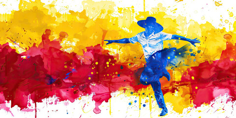 The Colombian Flag with a Salsa Dancer and a Coffee Grower - Visualize the Colombian flag with a salsa dancer representing Colombia's vibrant dance culture and a coffee grower symbolizing the country'