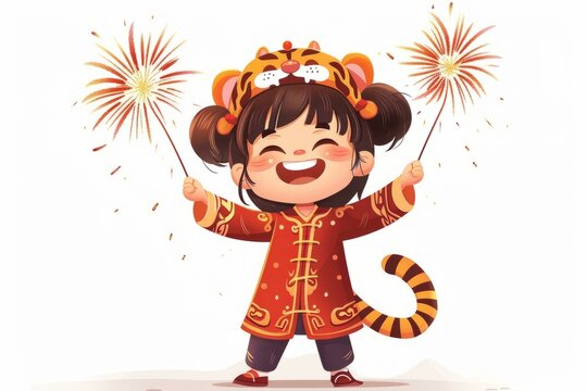 b'A cute cartoon girl in a tiger costume holding sparklers'