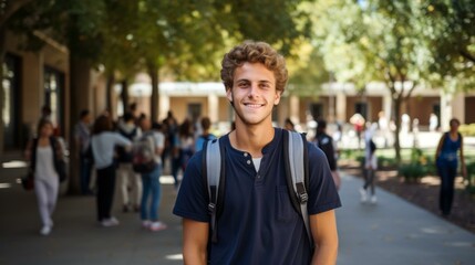 b'Portrait of a smiling young male college student on campus'