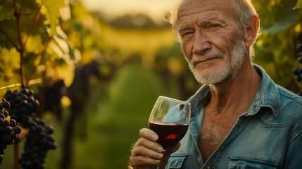 Elderly man holding red wine glass in vineyard, enjoying happy moment