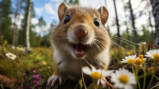 b'Close-up of a smiling chipmunk in a field of flowers'