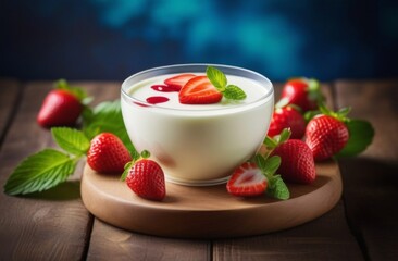 Panna cotta in a cup decorated with strawberries and mint