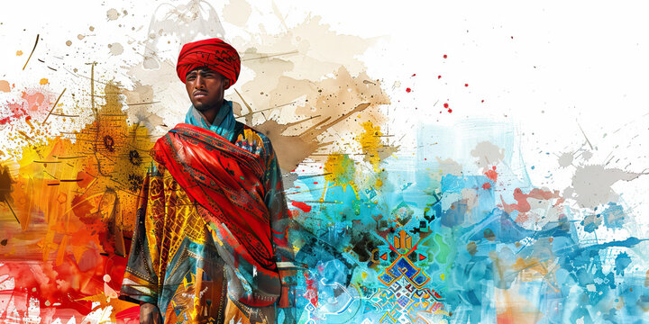 The Moroccan Flag with a Berber Nomad and a Mosaic Artist - Picture the Moroccan flag with a Berber nomad representing Morocco's indigenous culture and a mosaic artist symbolizing the country's intric