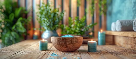 A serene spa setting with candles, bath salts, and fresh towels on a wooden surface - Still life scene backdrop 