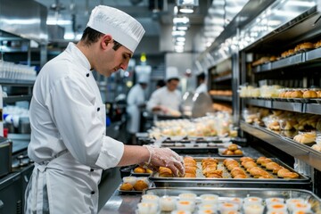 b'Professional chef carefully preparing pastries in a commercial kitchen'