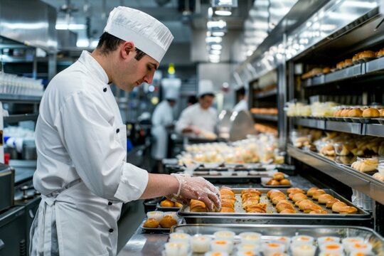 b'Professional chef carefully preparing pastries in a commercial kitchen'