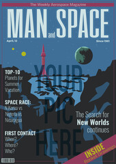 Man and Space, Scientific Magazine Cover Template. Cosmic Illustration, Planets, Space Rocket. Cosmic Journal Frame Vector Style Background for Posters, Illustrations, Banners. Headline, Titles