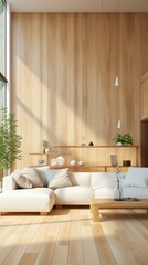 b'Bright and Airy Living Room With Natural Wood Walls and White Sofa'