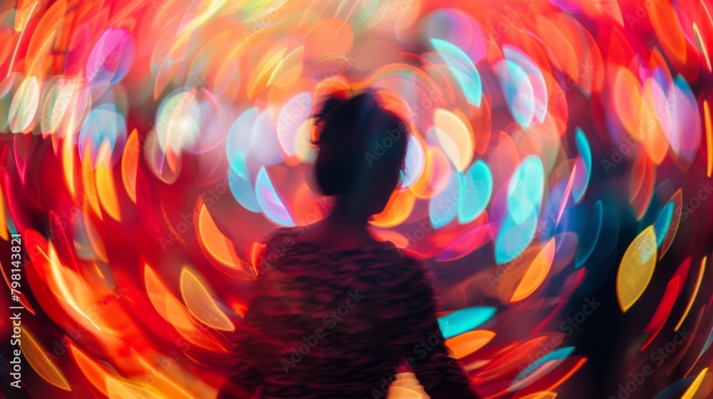 Poster defocused lights and colors form abstract shapes behind the vibrant dance posters creating a dynamic