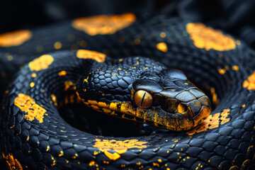 Serpiente negra y amarilla enroscada.