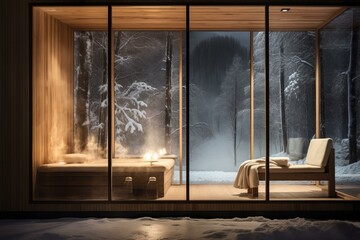 b'A wooden house in the middle of a snowy forest'