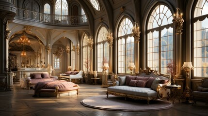 b'Ornate bedroom with two beds and a sofa'