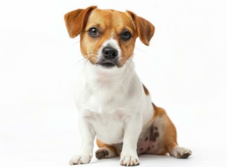 A cute brown and white Jack Russell Terrier dog is sitting down