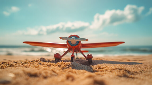 A toy airplane in the beach sand with a clear sky in the background - Adventurous getaway concept image