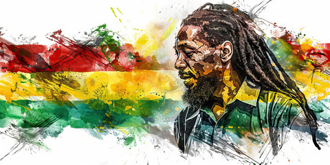 The Jamaican Flag with a Rastafarian and a Reggae Musician - Imagine the Jamaican flag with a Rastafarian representing Jamaica's Rastafarian culture and a reggae musician symbolizing the country's mus - obrazy, fototapety, plakaty