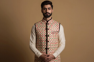 Fototapeta premium a handsome men standing in front of flat beige background wearing Block Print nehru jacket