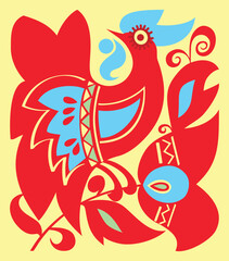 large red fancy bird with a flower in , on a cream background