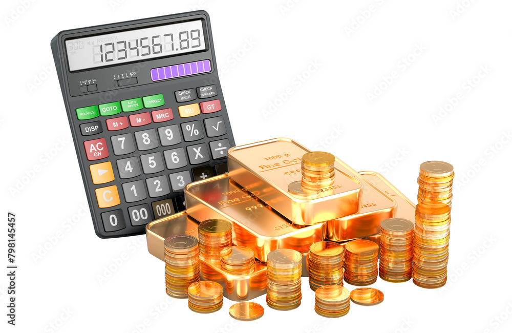 Poster calculator with golden coins and gold bars, 3d rendering isolated on transparent background