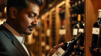 Man in formal wear and beard looks at a bottle on shelf in wine cellar