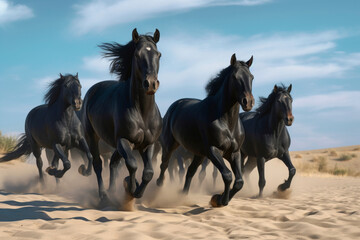 Obraz premium A small herd of free wild black horses running on loose sand in the desert against a cloudy sky.