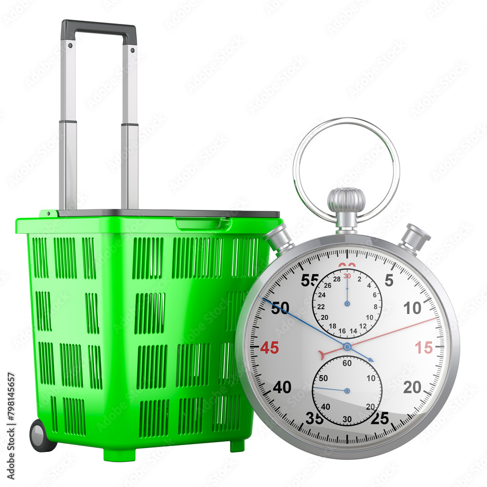Poster rolling shopping basket with stopwatch, 3d rendering isolated on transparent background