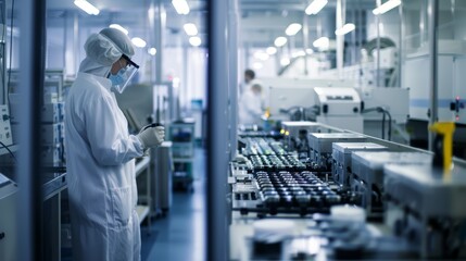 Technician in clean suit working in a semiconductor manufacturing facility. High technology and precision industry concept.