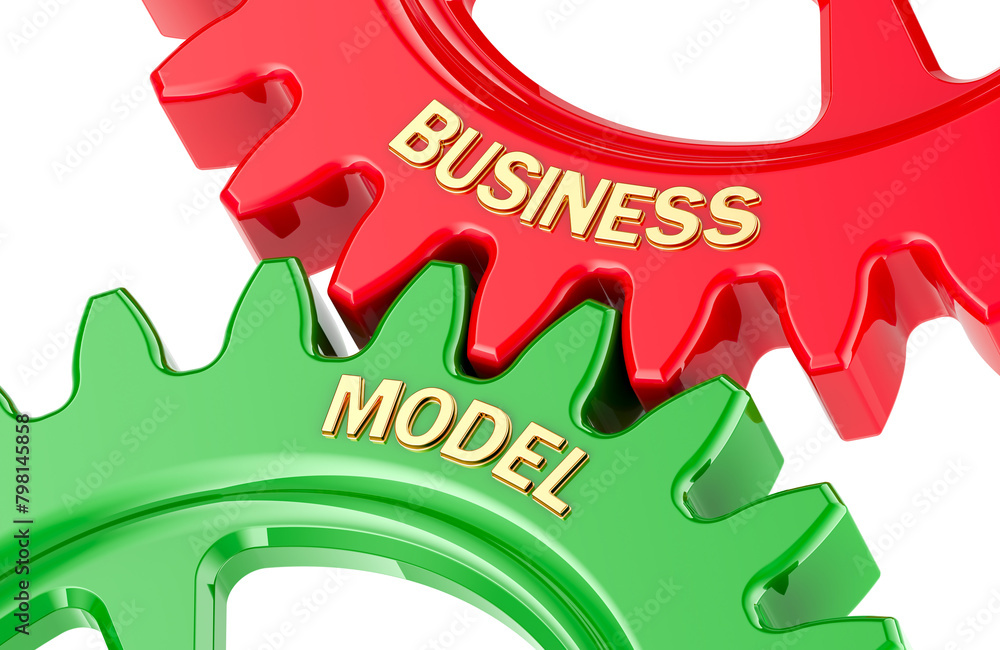 Aufkleber business model concept with colored gearwheels. 3d rendering isolated on transparent background