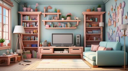 b'A cozy living room with a TV, sofa, and lots of bookshelves'