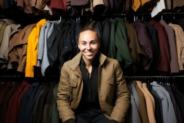 Fototapeta premium b'Smiling woman in a brown jacket poses in front of a rack of clothes.'