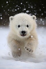 a baby polar bear running in the snow