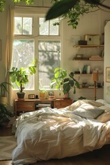 b'A cozy bedroom with lots of plants'