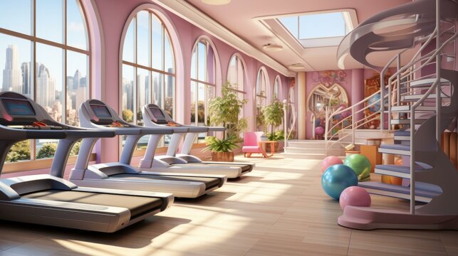 b'Pink and white modern gym interior with large windows and city view'