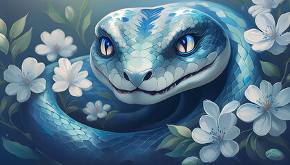 Portret niebieskiego węża pośród białych kwiatów. Dekoracja. Generative AI - obrazy, fototapety, plakaty