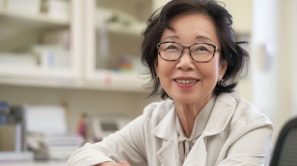 Professional mature Asian female doctor in lab coat with glasses. Studio portrait with soft background