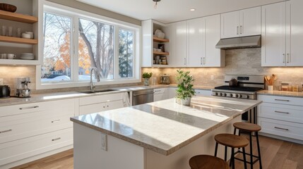 b'Modern kitchen design with white cabinets, stainless steel appliances, and a large island'