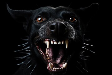 a black dog with sharp teeth