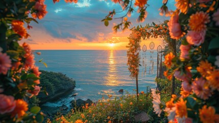 Colorful natural flower decoration on the beach with sunset view