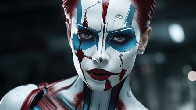 a woman with red hair and blue and white face paint